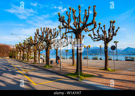 Waterfront in the Stresa town, located at the shore of the Lago Maggiore Lake in north Italy. Stock Photo