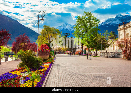 Merano city centre view promenade. Merano or Meran is a town in South Tyrol province in northern Italy. Stock Photo