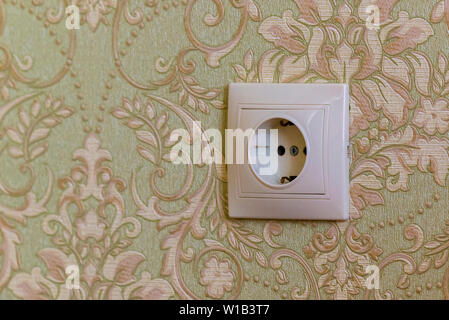 Electric socket on a wall with wallpaper. Stock Photo