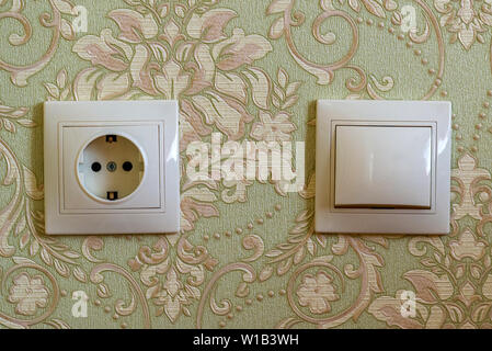 Electrical switch and plug on wall with wallpapers Stock Photo