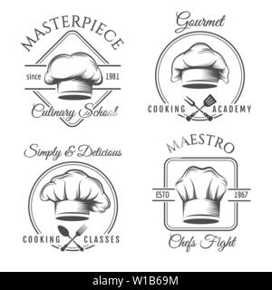 Chef hat label set. Gourmet chef food vector emblems, chefs kitchen workshop or cooking club labels illustration Stock Vector