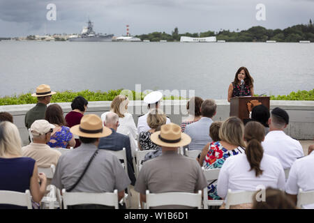 Honolulu, United States Of America. 28th June, 2019. Second Lady Karen Pence delivers remarks while visiting the Pearl Harbor National Memorial Friday, June 28, 2019, at Joint Base Pearl Harbor-Hickam in Honolulu, Hawaii. People: Second Lady Karen Pence Credit: Storms Media Group/Alamy Live News Stock Photo