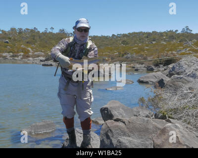 an angler and trout in tasmania's western lakes Stock Photo