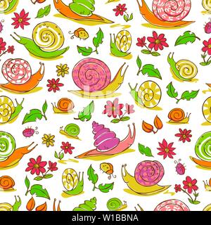 Vector white hand drawn snails and flowers repeat pattern. Suitable for gift wrap, textile and wallpaper. Stock Vector