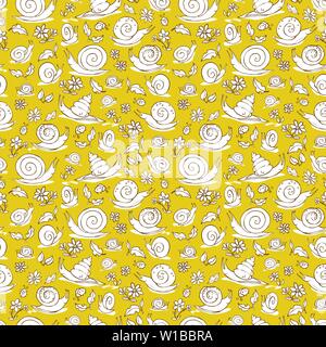 Vector yellow hand drawn snails and flowers repeat pattern texture. Suitable for gift wrap, textile and wallpaper. Stock Vector