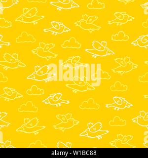 Vector yellow cartoon birds repeat pattern. Suitable for gift wrap, textile and wallpaper. Stock Vector