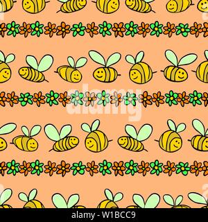 Vector pastel orange bees and flowers stripes repeat pattern. Suitable for gift wrap, textile and wallpaper. Stock Vector