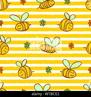 Vector yellow stripes cute bees and flowers repeat pattern. Suitable for gift wrap, textile and wallpaper. Stock Vector