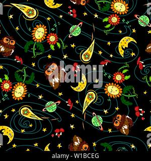 Vector colorful owl comet and moon repeat pattern with black background. Suitable for gift wrap, textile and wallpaper. Stock Vector