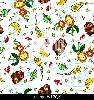 Vector colorful owl comet and moon repeat pattern with white background. Suitable for gift wrap, textile and wallpaper. Stock Vector