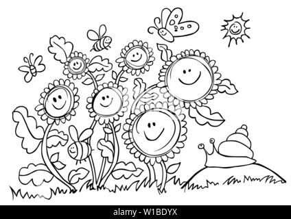 Vector black and white happy cartoon sunflowers and snail illustration. Suitable for greeting cards or colouring activity sheet. Stock Vector