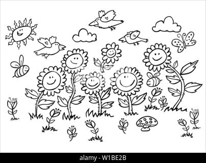 Vector black and white cartoon sunflowers, birds and bees illustration. Suitable for greeting cards or colouring activity sheet. Stock Vector