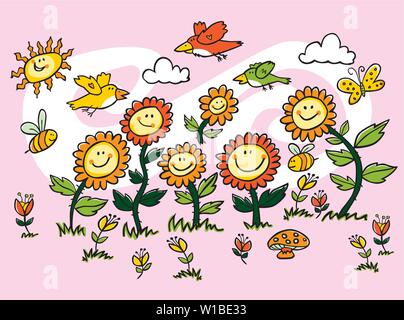 Vector colorful cartoon sunflowers, birds and bees illustration. Suitable for greeting cards and wall murals. Stock Vector