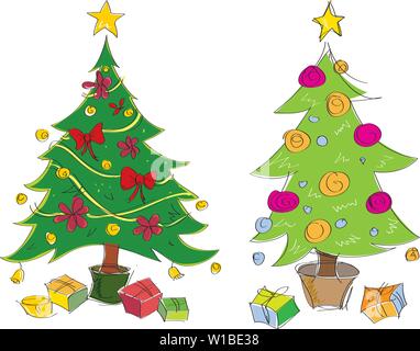 Vector colourful hand drawn christmas trees illustration. Suitable for greeting cards. Stock Vector