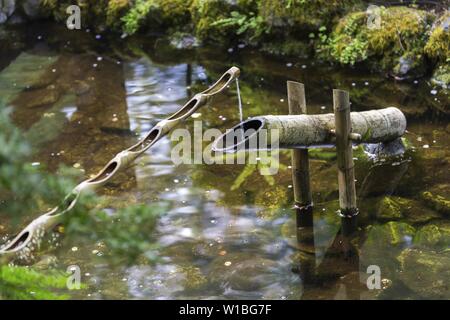 Water spilling in Japanese Garden Pond from Bamboo Boar Scarer, Butchart Gardens. Shishi-odoshi, Technique of scaring wild animals by noise Stock Photo