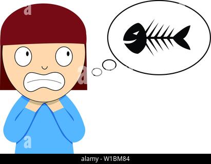 Girl suffering from bone fish stuck in her throat, vector Stock Vector