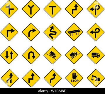 Set of yellow traffic warning sign on transparent background ...