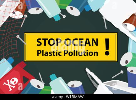 Stop ocean plastic pollution vector illustration. Ecological poster ...