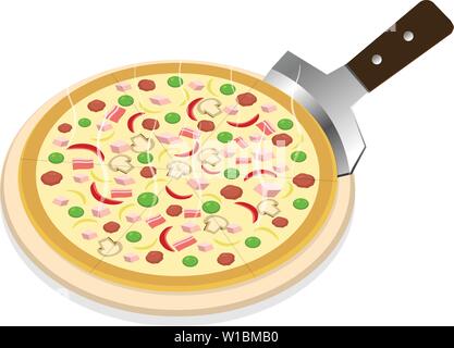Perspective, Pizza on wooden tray on white, vector art Stock Vector