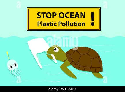 Turtle eating plastic bag that look like jellyfish, vector Stock Vector