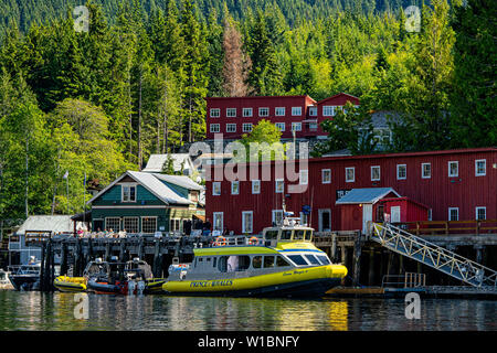 Telegraph Cove Cove with the 'Ocean Magic' whale watching boat along the dock beside the Whale Interpretive Centre, a must see tourist attraction on n Stock Photo