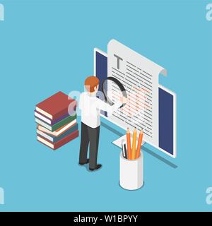 Flat 3d isometric businessman proofreading a document on pc monitor. proofread and content writing concept. Stock Vector