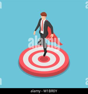 Flat 3d isometric super businessman landing on the target. Business target and leadership concept. Stock Vector