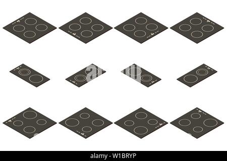 Vector isometric electric cooktop. Set of items to create a scene Stock Vector