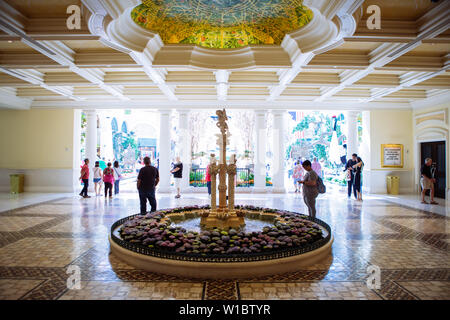 Fountain at the entrance of the Bellagio Hotel and Casino Conservatory & Botanical Gardens in Las Vegas, Nevada, USA Stock Photo