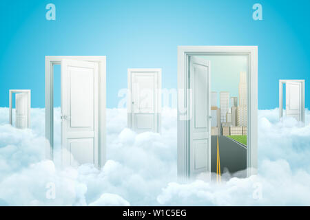 3d rendering of five doors standing on fluffy clouds, one door opening onto asphalt road leading to modern city with skyscrapers. Stock Photo