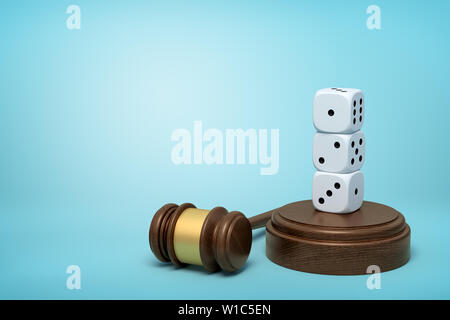 3d rendering of three white dice standing on top of each other on sounding block with gavel lying beside on light-blue background with copy space. Stock Photo