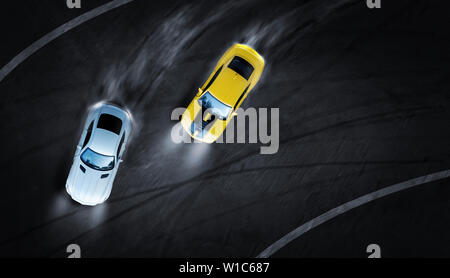 Aerial top view two cars drifting battle on race track, Two cars