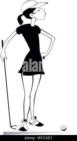 Young golfer woman on the golf course black on white illustration Stock Vector