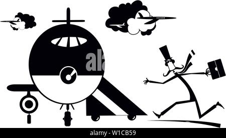 Scurrying long mustache man in the top hat with suitcase trying does not miss the flight black on white illustration Stock Vector