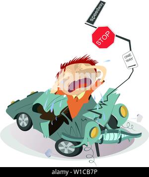 Road accident and sobbing man in the crashed car illustration. Upset crying man and car rams into the road signs isolated illustration Stock Vector