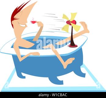Man bathtub, tabletop fan, fresh coffee and air illustration.Man lies in the bathtub, has coffee and takes a fresh air delight from the tabletop fan Stock Vector