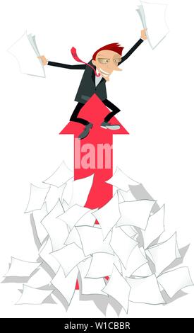 Smiling man with papers in both hands sitting on the arrow symbol rises up from the big pile of papers isolated on white Stock Vector
