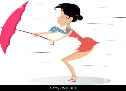 Strong wind, rain and woman with umbrella illustration. Whirlwind, rain and woman with umbrella isolated on white illustration Stock Vector