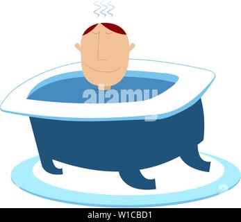 Man takes a bath illustration. Head of the man appears from the water in the bathtub isolated on white Stock Vector