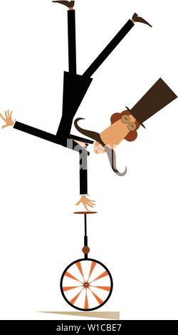 Mustache man in the top hat rides on unicycle illustration. Equilibrist mustache man in the top hat stands on one hand on unicycle head over heels bla Stock Vector