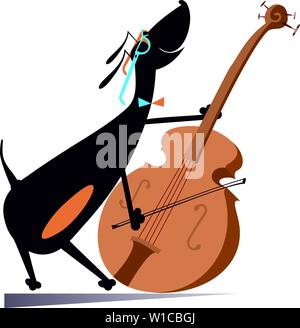 Cartoon dog plays cello illustration. Comic dachshund plays music on cello isolated on white illustration Stock Vector