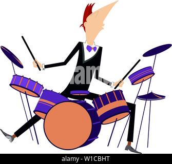Drummer and drum kit illustration. Cartoon man plays on drums isolated on white illustration Stock Vector