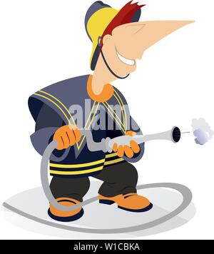 Cartoon brave fireman illustration. Smiling fireman with fire hose isolated on white Stock Vector