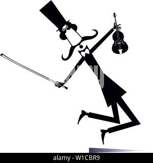 Long mustache man in the top hat with violin and fiddlestick black on white illustration Stock Vector