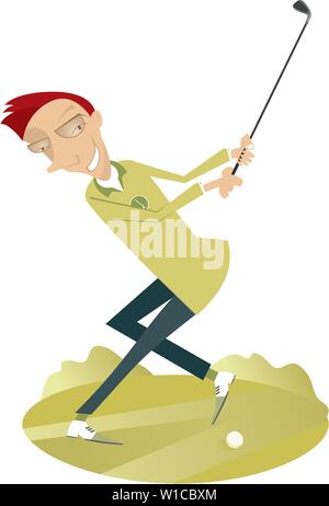 Smiling golfer on the golf course illustration. Cartoon smiling golfer aiming to do a good kick illustration Stock Vector