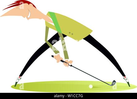 Smiling golfer on the golf course illustration. Cartoon smiling golfer aiming to do a good kick illustration Stock Vector