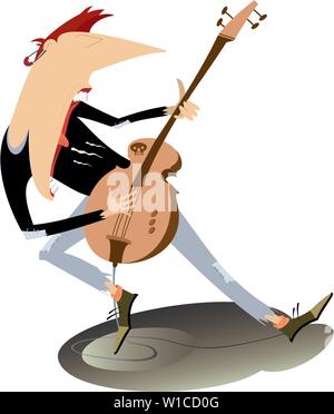 Cartoon expressive guitarist isolated illustration. Guitarist is playing music and singing with the great inspiration Stock Vector