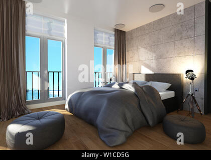 Hotel Room or Bedroom Interior 3D Illustration Stock Photo