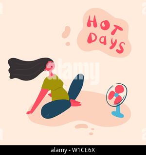 A young woman cools while sitting on the floor under the fan on a hot summer day in the lotus position.The girl enjoys the cold air from the fan at ho Stock Vector