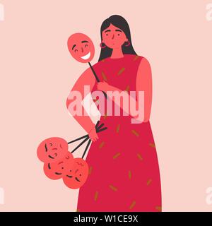 A young brunette woman in a red dress and holds masks with different emotions.She is tired of the fact that constantly has to play a role, change the Stock Vector